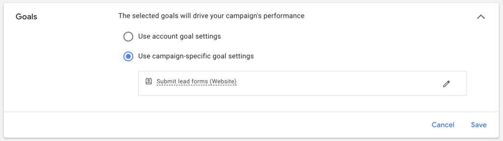 Googel ads campaign specific conversion tracking objectives