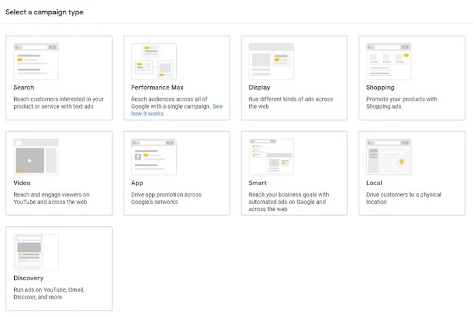 Campaign types in google ads dashboard